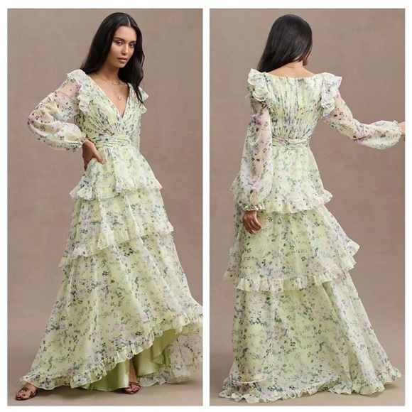 NWT Mac Duggal Dress Floral Chiffon Maxi Gown Tiered Ruffle Key Lime Green 68220